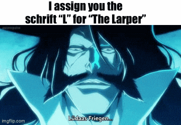 a picture of a man with long hair and a mustache with the caption " i assign you the schrift "