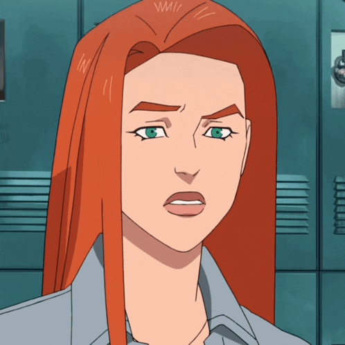 a cartoon of a woman with red hair and green eyes making a funny face