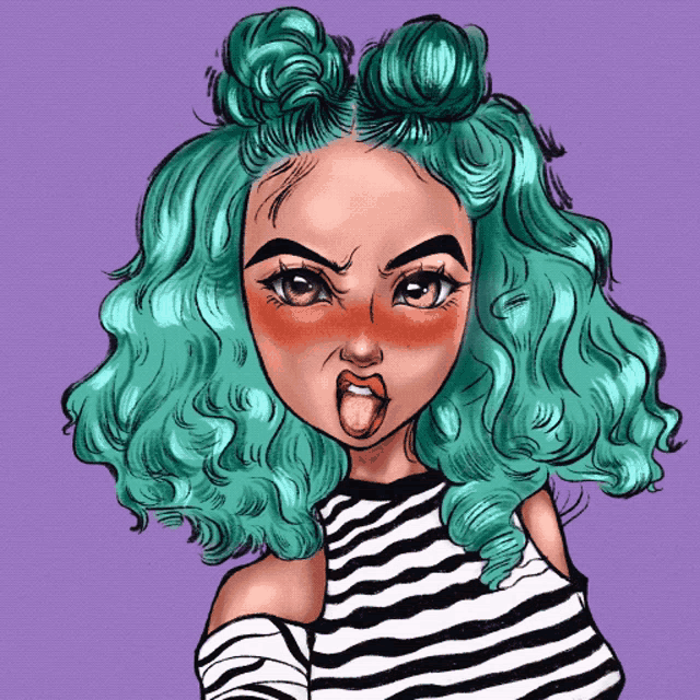 a cartoon drawing of a girl with green hair