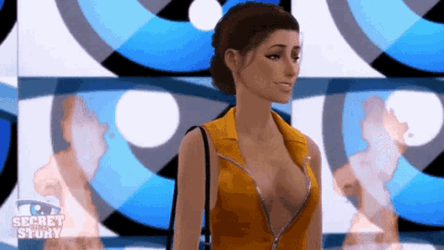 a woman in a yellow top is standing in front of a wall with the words secret story on it