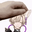 a hand is holding a picture of a cat girl with purple earrings .