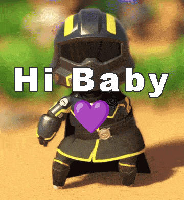 a cartoon character with a purple heart and the words hi baby above him