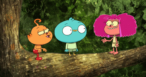 three cartoon characters standing on a tree branch