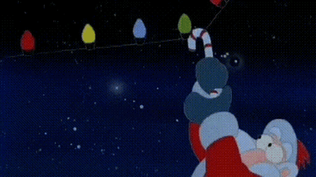 a cartoon of santa claus holding a christmas tree in his arms in the sky .
