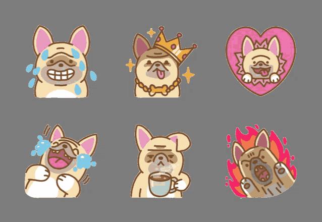 a set of cartoon pugs with different facial expressions