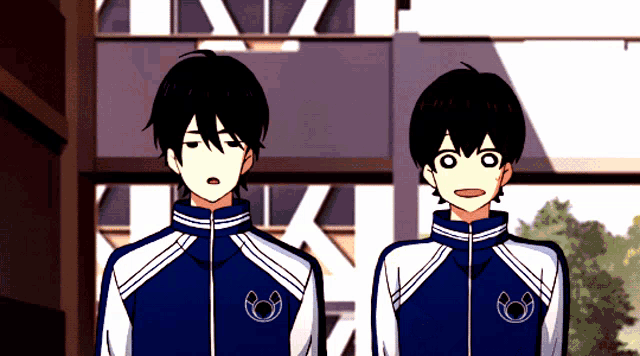 a couple of anime characters standing next to each other with one wearing a blue jacket with a circle on it