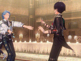 two anime characters are dancing together in a room with candles .