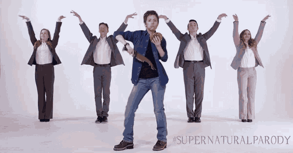a group of people are dancing in a supernatural parody advert