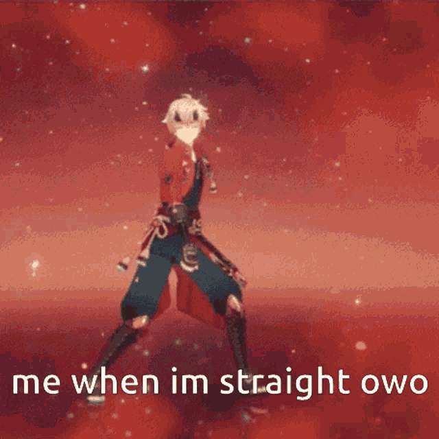 a cartoon character is standing in front of a red background with the words `` me when i 'm straight owo '' .