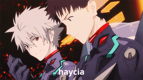 two anime characters are standing next to each other with haycia written on the bottom