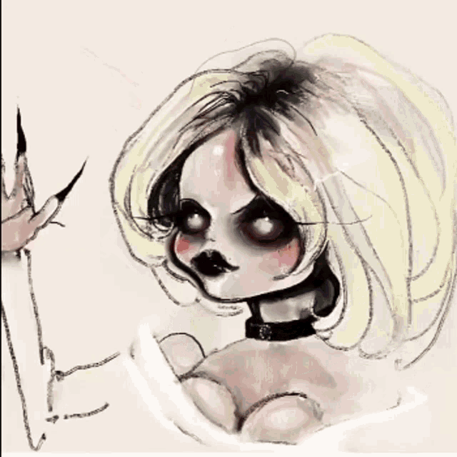 a drawing of a woman with a red face and white hair
