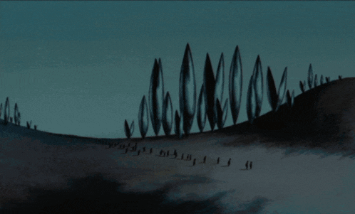 a painting of a row of trees on a hill with a blue sky