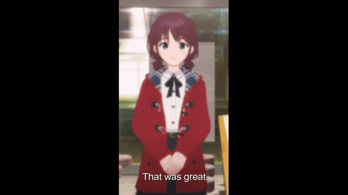 a girl in a red coat says that was great