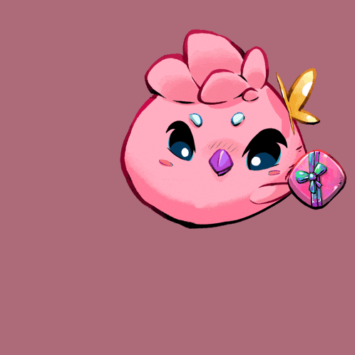 a cartoon drawing of a pink bird holding a heart shaped box