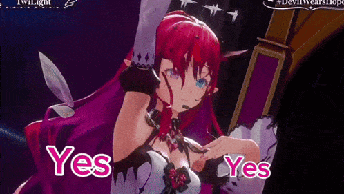 a video game character with red hair and blue eyes says " yes "