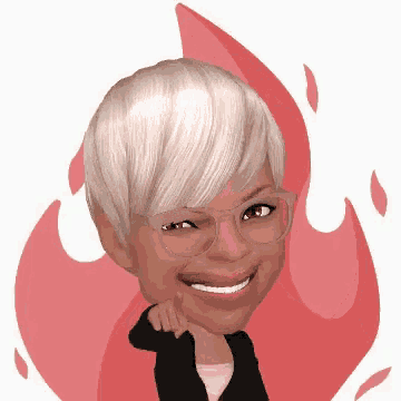 a cartoon of a woman wearing glasses and a black jacket with a red fire in the background .