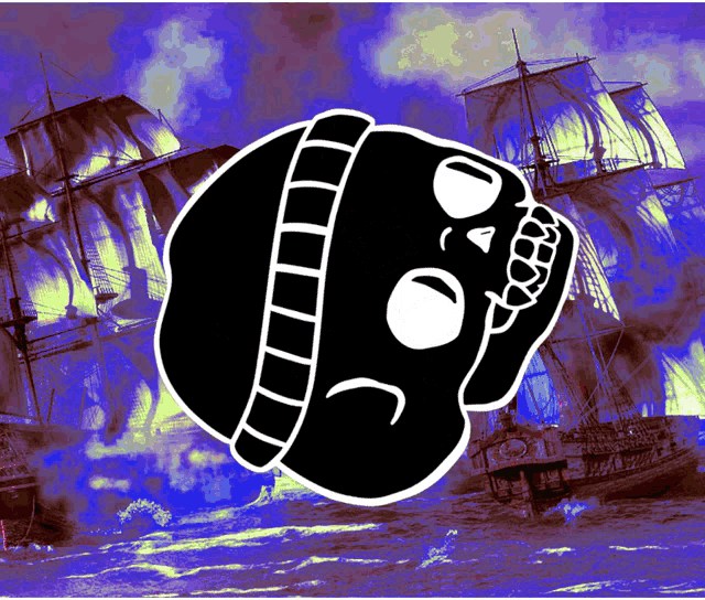 a black and white drawing of a skull with a beanie on and a ship in the background