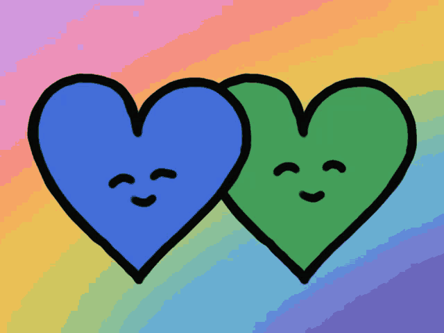 a blue and green heart with faces on them