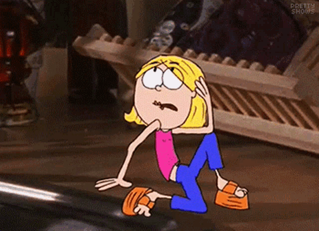 a cartoon girl is kneeling down on the floor holding her head .