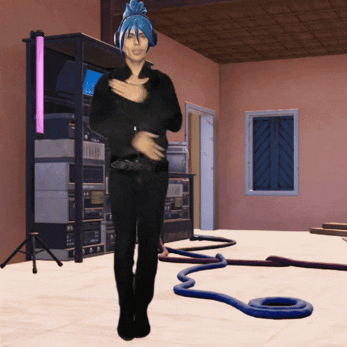 a computer generated image of a person with blue hair and headphones