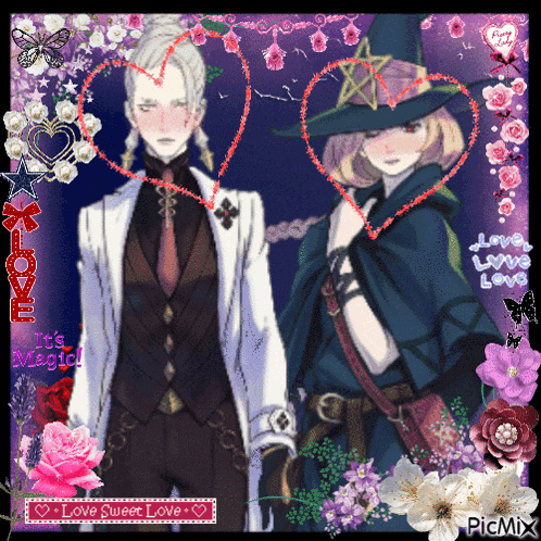 a picture of a witch and a man with the words love sweet love written on it