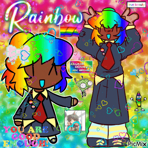 a cartoon of a girl with rainbow hair and the words rainbow on the top