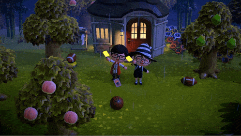 a boy and a girl standing in front of a house in a video game