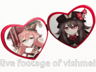 a pair of heart shaped glasses with anime characters on them