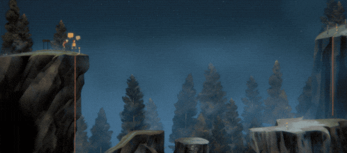 a painting of a forest with trees and cliffs
