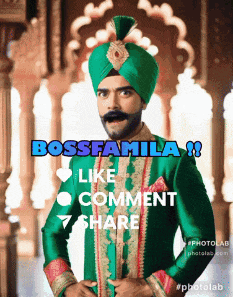 a man wearing a green turban and a green suit says bossfamila