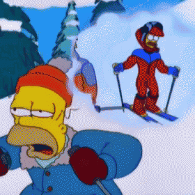 a cartoon of homer simpson looking at another person skiing