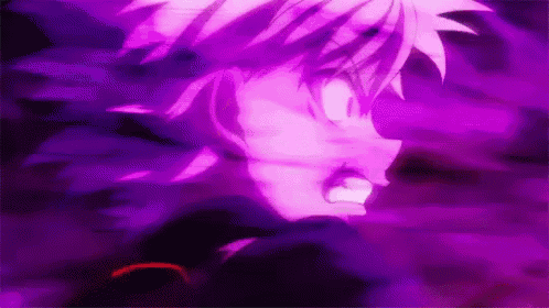 a close up of a person 's face with a purple background and glowing eyes .