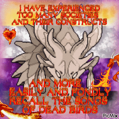 a picture of a dragon with the words " i have experienced too many societies and their constructs " on it