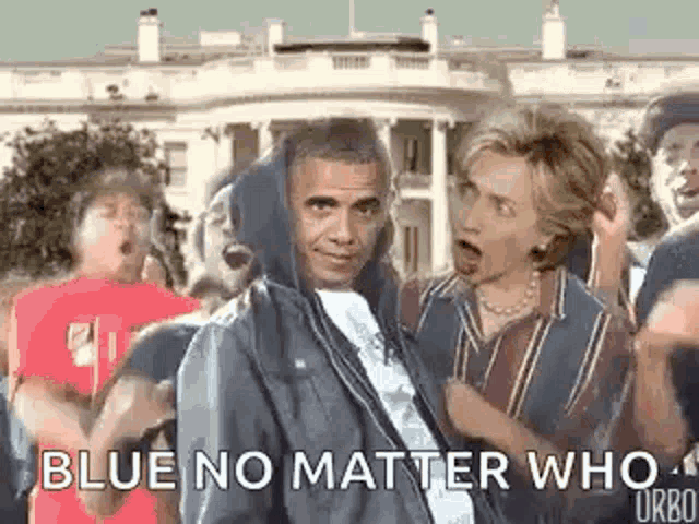 obama is wearing a hoodie and hillary clinton is standing next to him in front of the white house .