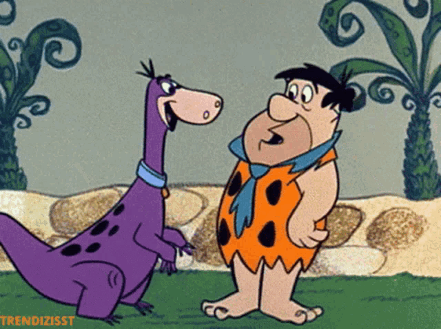a cartoon of flintstone standing next to a purple dinosaur with the words trendisst written below them