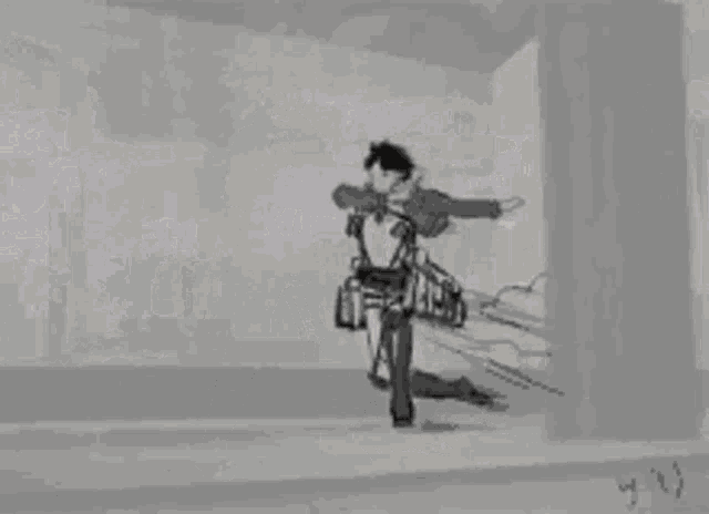 a black and white drawing of a man standing next to a woman sitting on the floor .