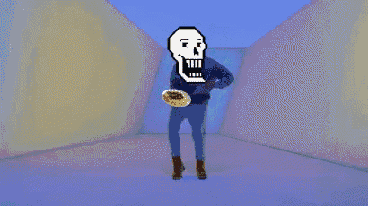 a pixel art of papyrus holding a pie in his hand