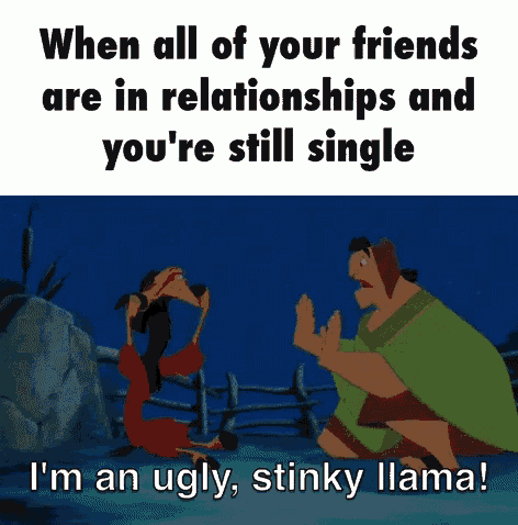 when all of your friends are in relationships and you 're still single , i 'm an ugly stinky llama !