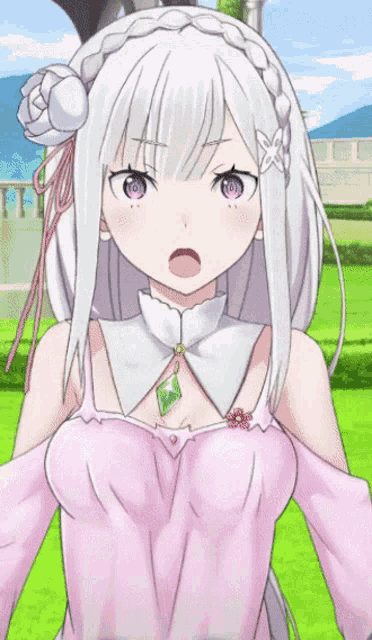 an anime girl with white hair and purple eyes
