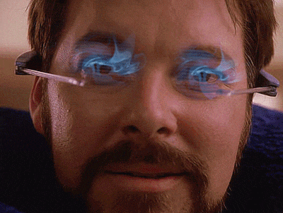 a close up of a man 's face with glasses on and smoke coming out of his eyes