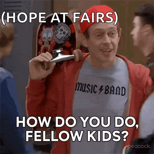 a man wearing a music band shirt is holding a skateboard and asking how do you do fellow kids .