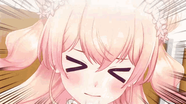 a close up of a pink anime girl with the letters v and n on her face