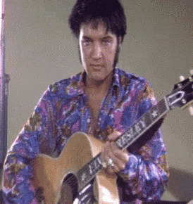 a man in a colorful shirt is playing a guitar with the name elvis on the neck