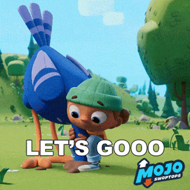 a mojo swoptops advertisement with a boy and a bird