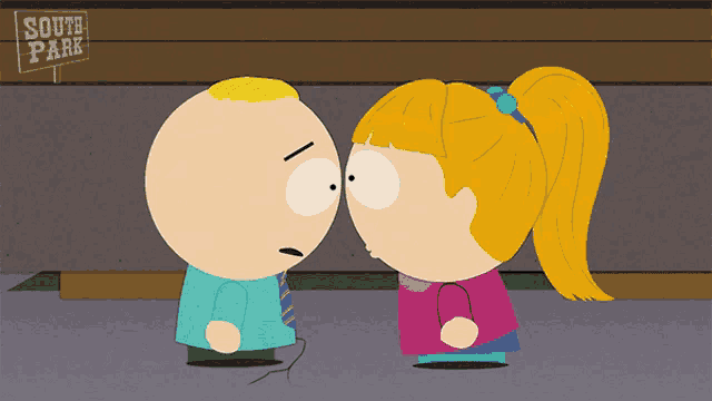 a couple of cartoon characters standing next to each other with a sign that says south park in the background