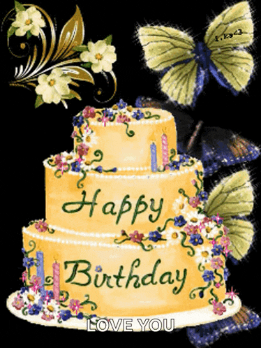 a birthday cake with butterflies and flowers and the words happy birthday love you