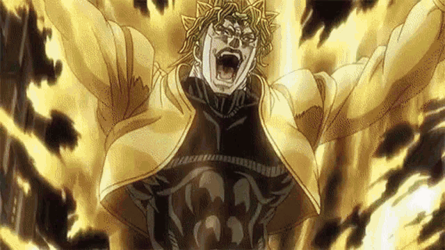 dio from jojo 's bizarre adventure is flying through the air with his arms outstretched in a cartoon .