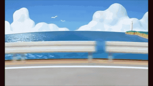 a cartoon drawing of a bridge over a body of water with a lighthouse in the background