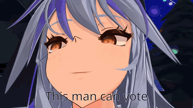 a close up of a girl 's face with the words " this man can vote " below her