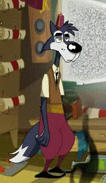 a cartoon wolf wearing a vest and tie stands in a room